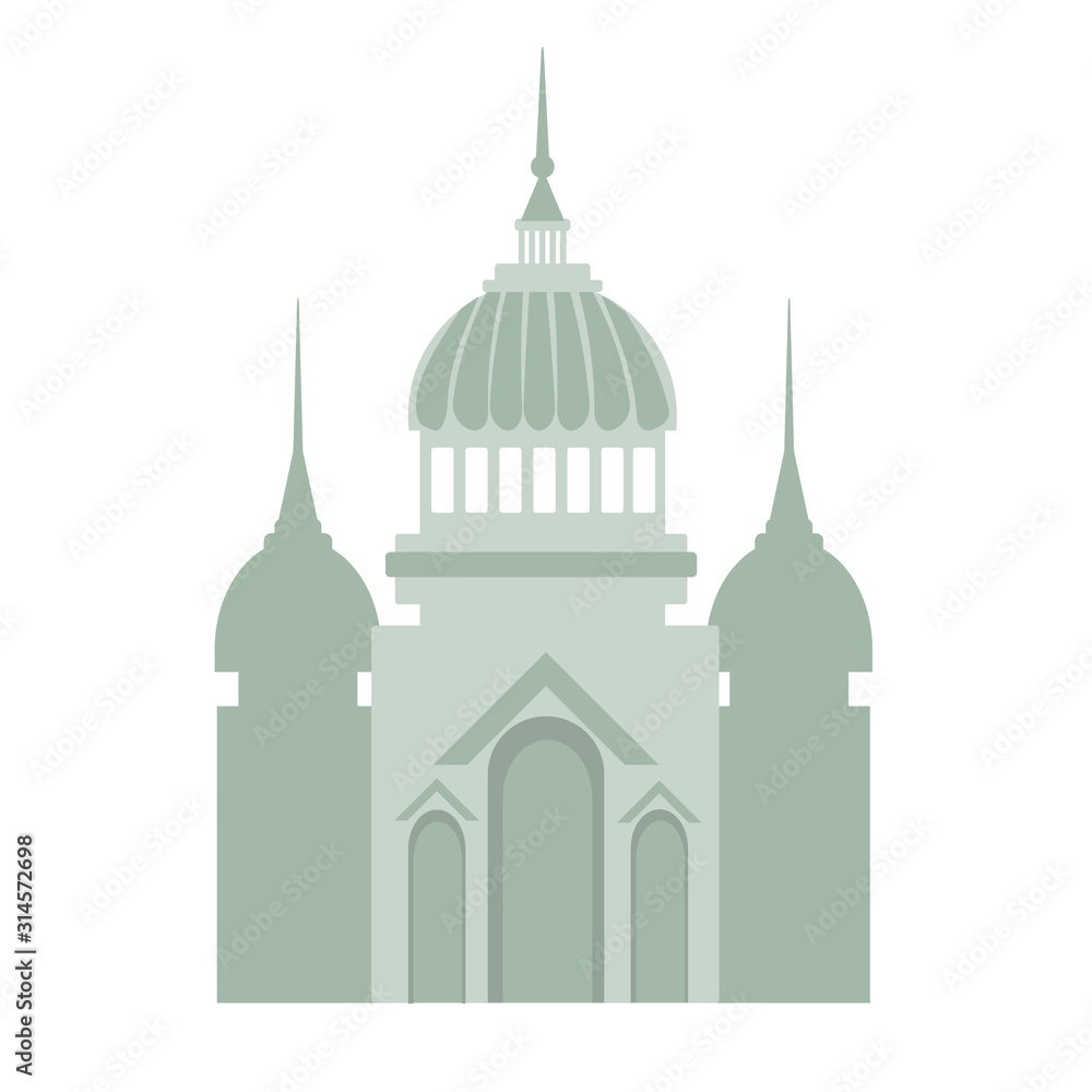 Outline of a Basilica or Cathedral in light green on a white background. Vector illustration.