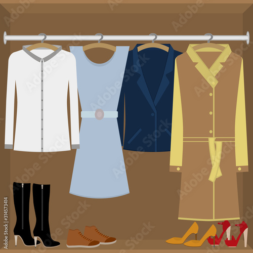 Women's wardrobe. Women's clothing and shoes in the closet. Vector isolated illustration in flat style. Including shirt, dress, suit, coat, high black boots and red shoes. 
