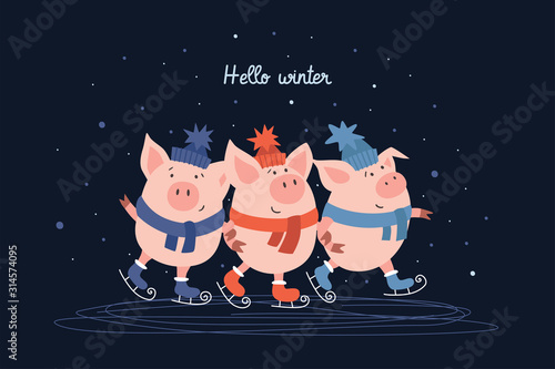 Cute pigs in hats and scarves cartoon illustration. Winter wonderland and happy holidays. Pigs are skating. Template for poster, banner, invitation, card, and other graphic design.
