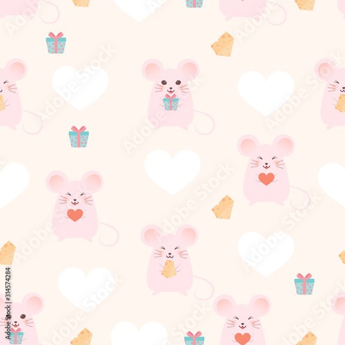 Valentine day patterns. Mouse , heart, gift box, butter on orange background.