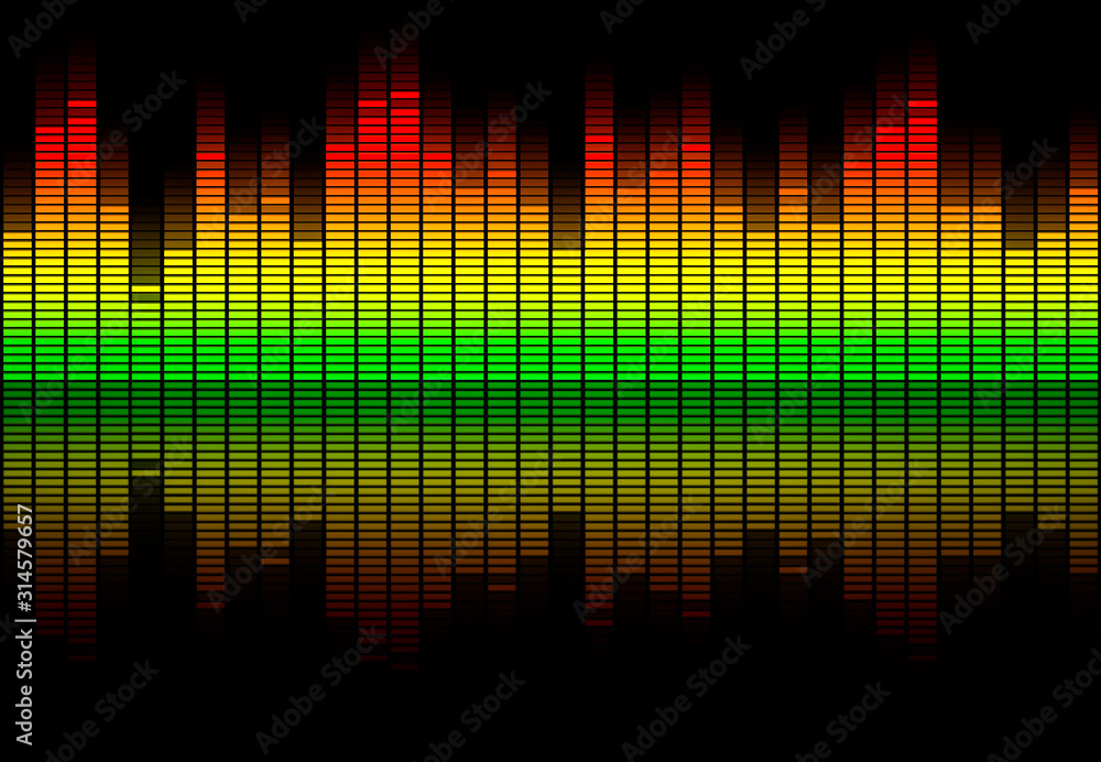 Colorful retro audio equalizer bars with sound spectrum colors from green to red isolated on black. Music or decibels wave illustration. - obrazy, fototapety, plakaty 