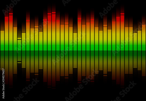 Colorful retro audio equalizer bars with sound spectrum colors from green to red isolated on black. Music or decibels wave illustration. photo