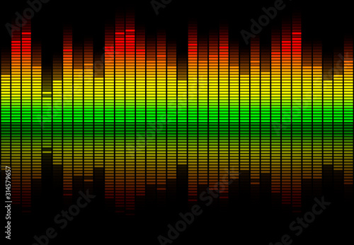 Obraz na płótnie Colorful retro audio equalizer bars with sound spectrum colors from green to red isolated on black