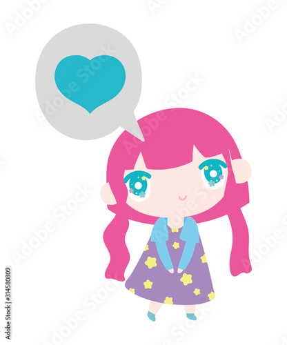 kids, little girl anime cartoon in love chat bubble decoration