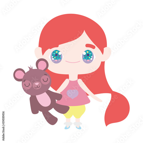 cute little girl cartoon holding teddy bear toy