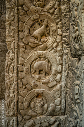 Carving at Ta Prohm Temple Siem Reap Cambodia