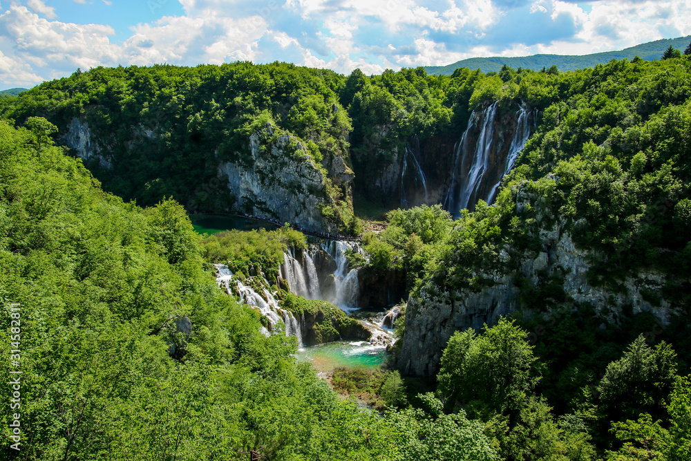 Beautiful view of the greatest waterfall of Plitvice Lakes National Park in Croatia