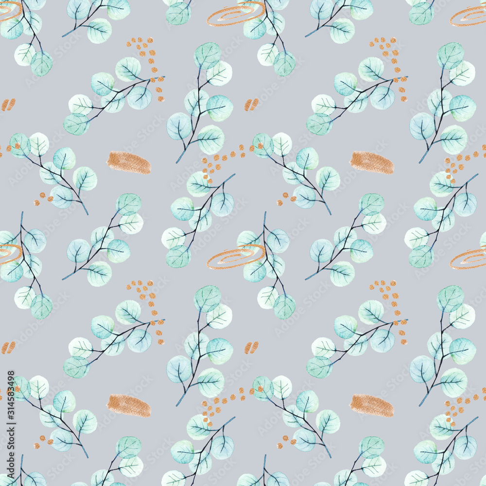 Watercolor hand painted botanical pastel colored leaves illustration seamless pattern, wallpaper, wrapping paper