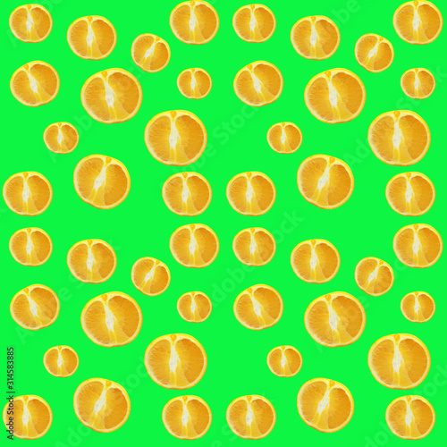  Close-up of fruit cut tangerines on a light green background