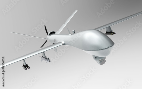 3d Illustration military drone armored with missiles isolate on grey black background. Concept of world war 3