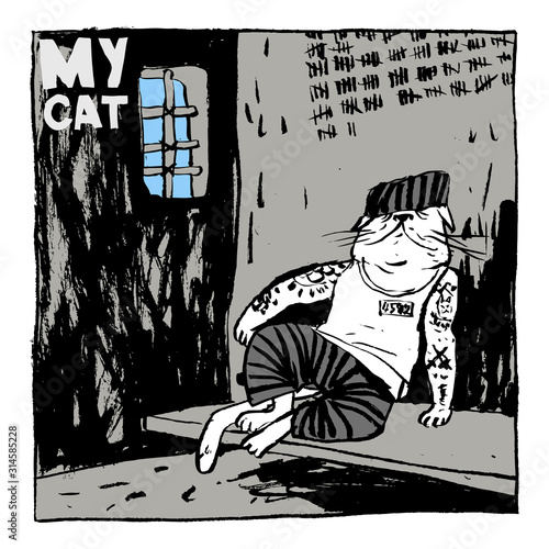 Image of a cat in a striped robe and a prison cell. Color illustration, perfect for use in publications, packaging, posters, souvenirs, t-shirt prints.