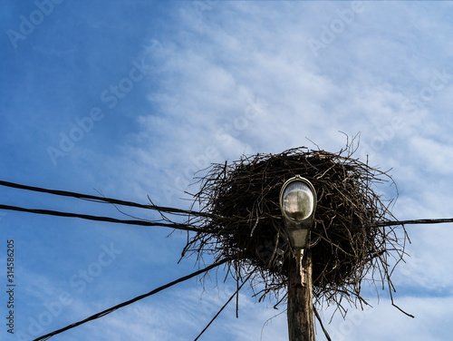 Abandoned storks nest on a wooden light pole