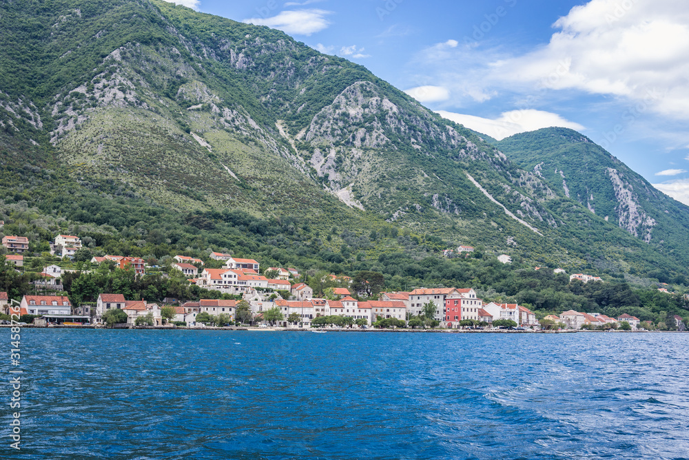 View from Adriatic Sea on Prcanj, small village in the Kotor Bay, Montenegro