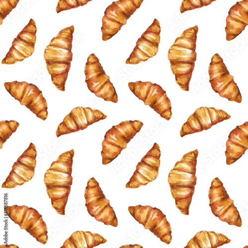 Watercolor hand painted French breakfast croissants illustration seamless pattern, wrapping paper, wallpaper 