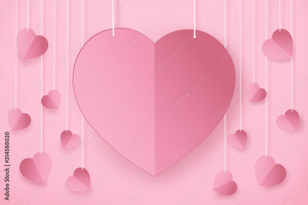 Valentines day background with pink hearts. Paper cut effect.