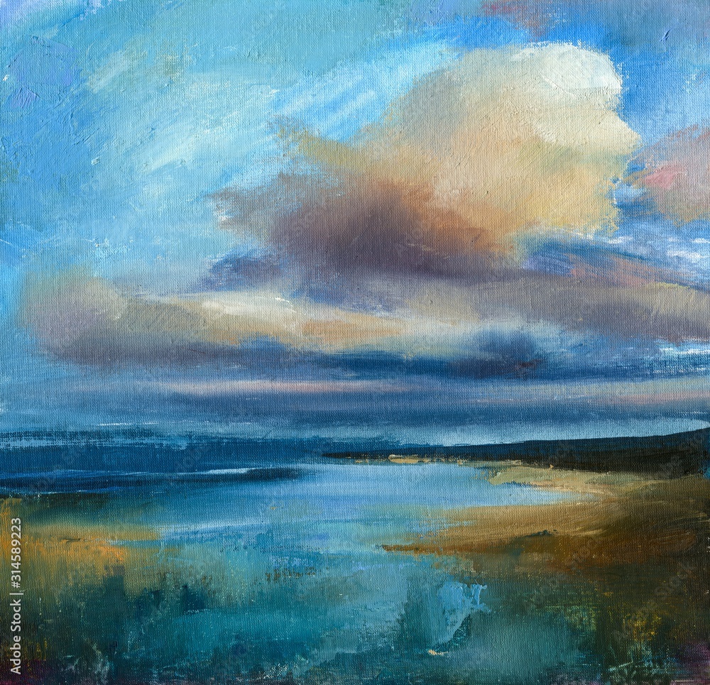 Evening marine landscape hand drawn oil illustration