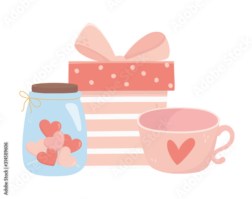 happy valentines day gift box coffee cup and jar glass heart love card