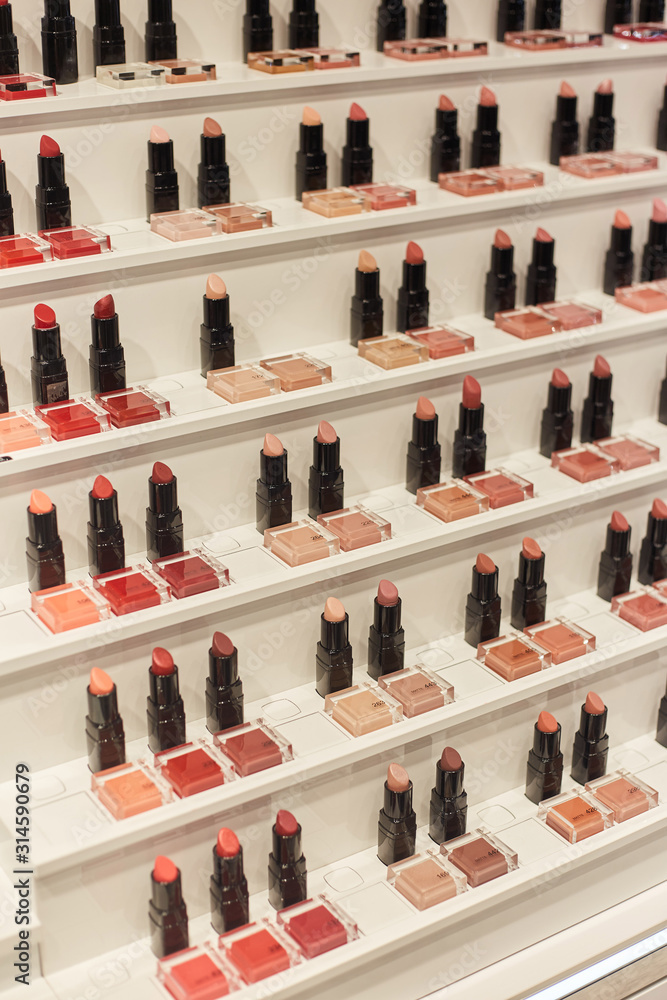 Lipstick in the store. Professional cosmetics for makeup artists