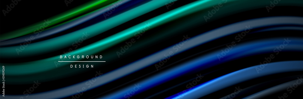 Silk and smooth flow wave poster design. Color waves, liquid style lines and shapes in black color background Silk and smooth flow wave poster design. Color waves, liquid style lines and shapes in black color background