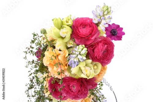 Festive Flowers   Rose la Campanella  Ranunculus  Cymbidium  Hyacinthus  Anemone  Thyme  Eucalyptus  Moss