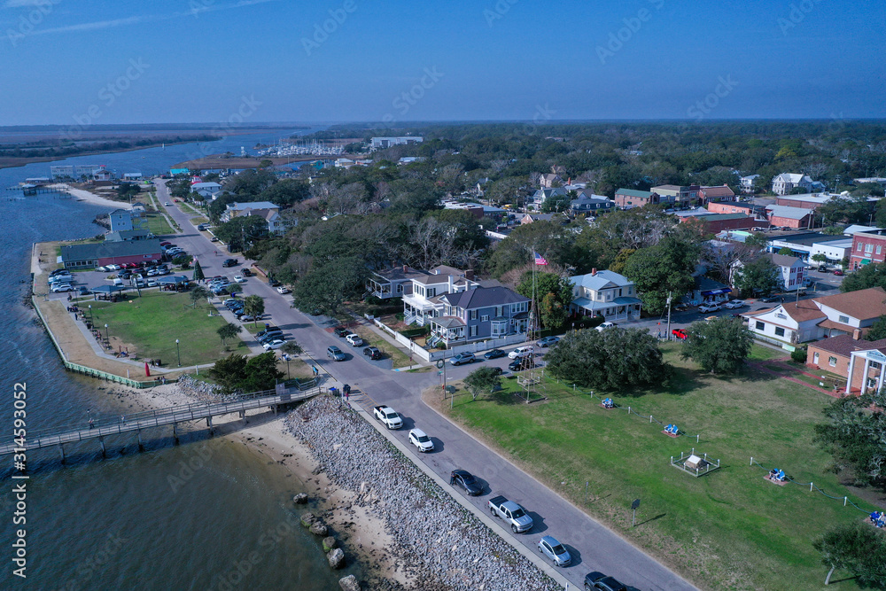 Aerial view of the town of Southport NC. Looking over the cape fear river at the city water front.