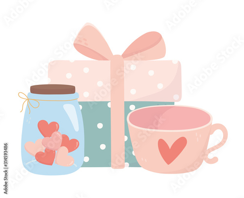 happy valentines day gift box coffee cup and jar glass heart love card