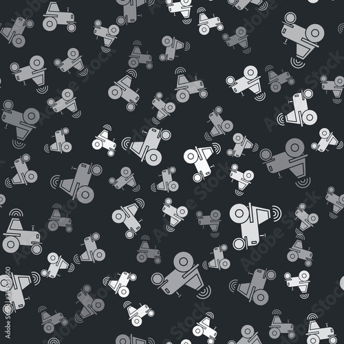 Grey Self driving wireless tractor on a smart farm icon isolated seamless pattern on black background. Smart agriculture implement element. Vector Illustration