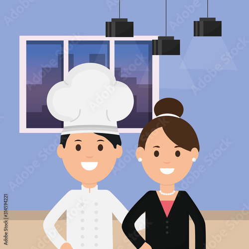 business woman and chef room ceiling lamps and window