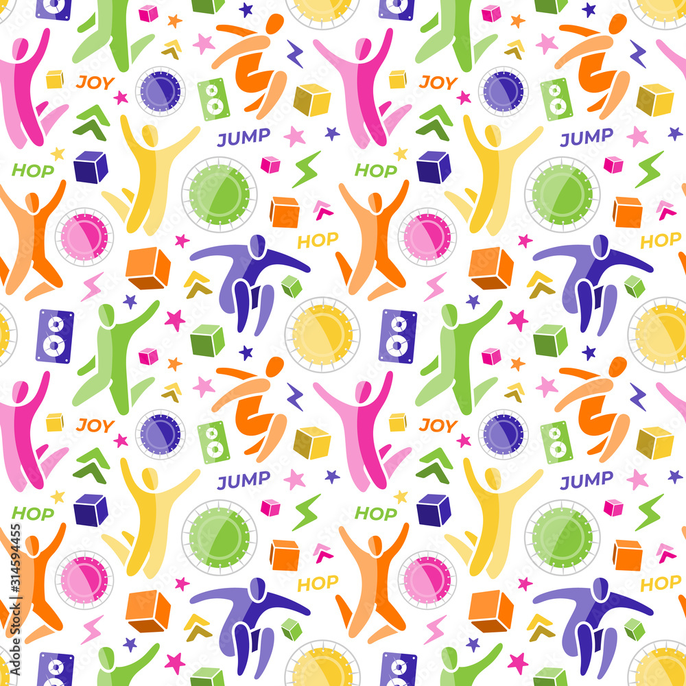 Repeating seamless pattern, swatch. Set of icons: jumping people, top view trampoline, sound speaker, foam rubber cubes, lightning, chevron. Trampoline, amusement park concept. Flat vector EPS 10