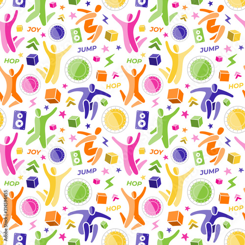Repeating seamless pattern, swatch. Set of icons: jumping people, top view trampoline, sound speaker, foam rubber cubes, lightning, chevron. Trampoline, amusement park concept. Flat vector EPS 10