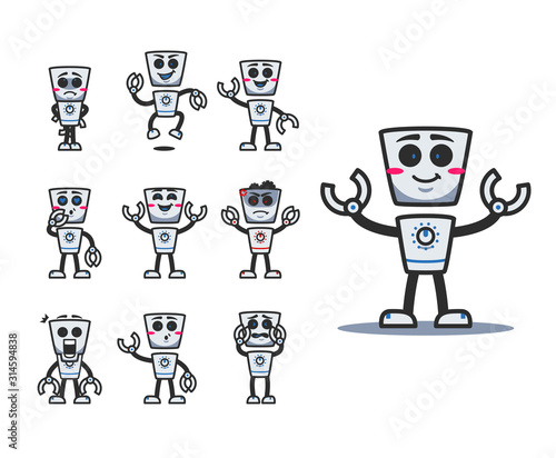 Retro cute robot cartoon character mascot with various expression pose emotion set