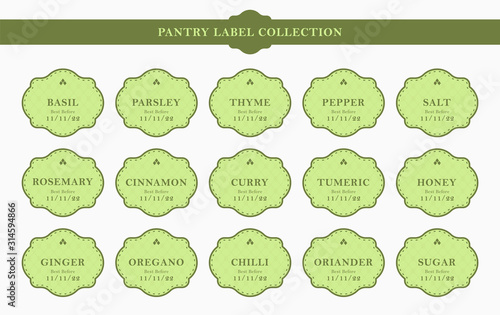Pantry kitchen seasoning label sticker kit set collection in elegant green frame classic style