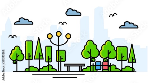 Green park in center of town. Clouds and sky. Parks and recreation concept.City park bench, lawn and trees..vector illustration