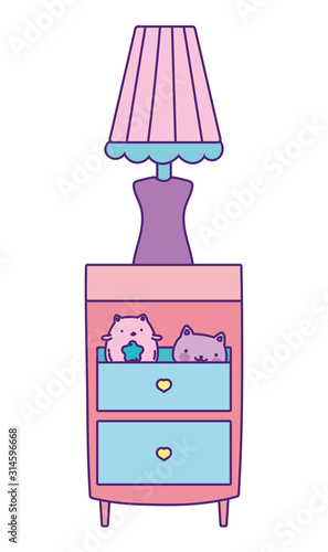 bedside table furniture with lamp and toys cat faces