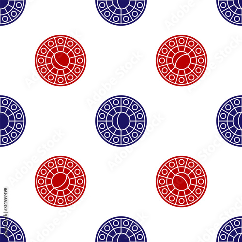 Blue and red Astrology horoscope circle with zodiac icon isolated seamless pattern on white background. Vector Illustration