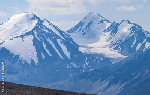 Mountain landscape. Snow-capped peaks  glaciers. Mountain climbing and mountaineering.