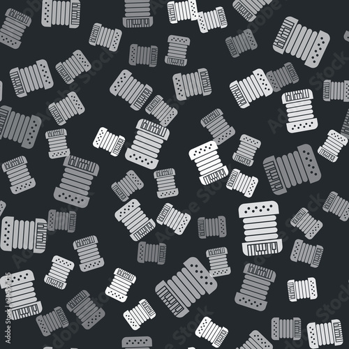 Grey Musical instrument accordion icon isolated seamless pattern on black background. Classical bayan, harmonic. Vector Illustration