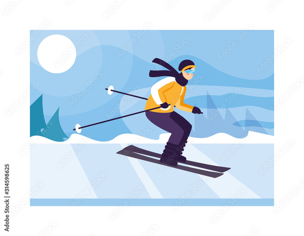 Fototapeta premium man with mountain ski in landscape with snowfall