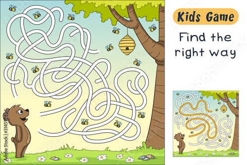 Find the right way. Funny cartoon game for kids, with solution. Vector illustration with separate layers.