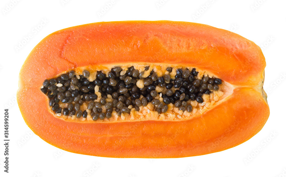 Fresh cut orange papaya with black seeds isolated on white background Fresh cut orange papaya with black seeds isolated on white background