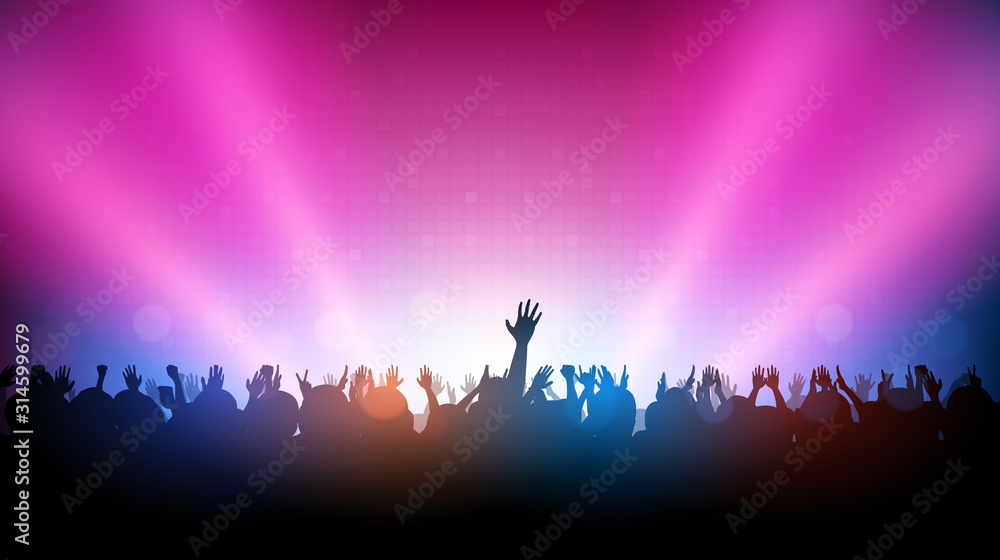 Silhouette of people raise hand up in music concert with red and blue color spotlight on stage background Silhouette of people raise hand up in music concert with red and blue color spotlight on stage background
