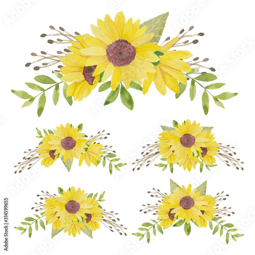Watercolor hand painted sunflower bouquet collection