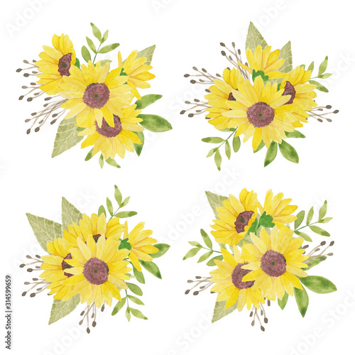Watercolor hand painted sunflower arrangement set