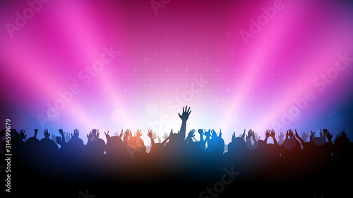 Silhouette of people raise hand up in music concert with red and blue color spotlight on stage background photo