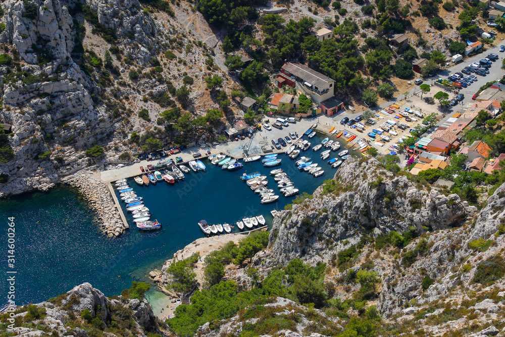 Aerial view of the small harbour at the end of the Morgiou fjord in the Calanques National Park near Marseille, France