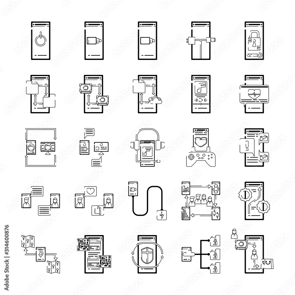 25 Smart phone utilization and application outline icons vector set. 25 Smart phone utilization and application outline icons vector set.