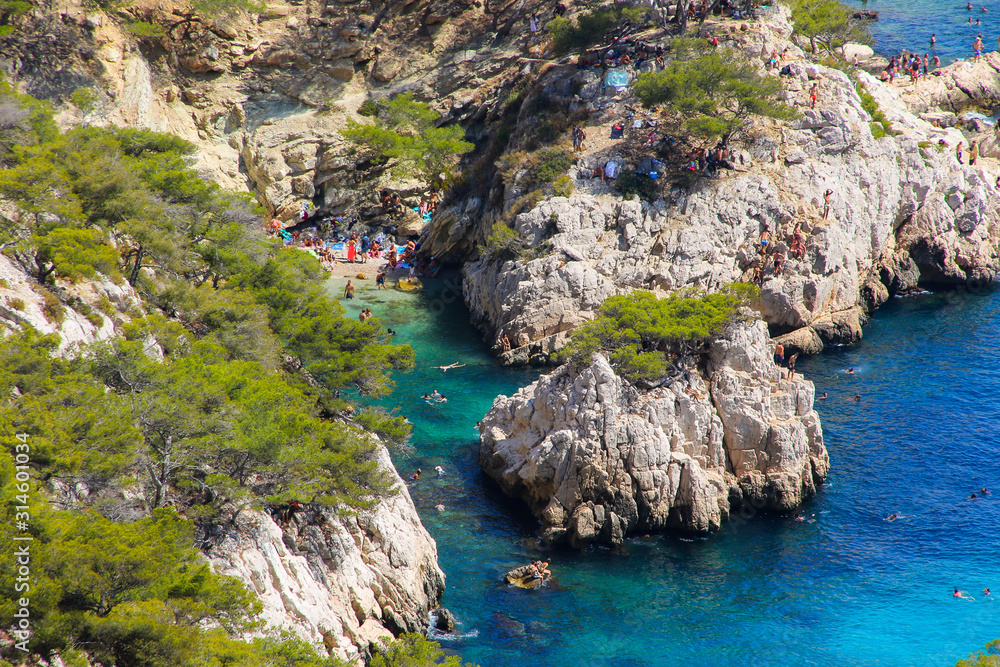 Small beach with turquoise waters in the cove of Sugiton, Calanques de Marseille National Park, south of France