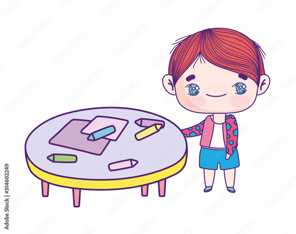 cute little boy cartoon with table and crayons cute little boy cartoon with table and crayons