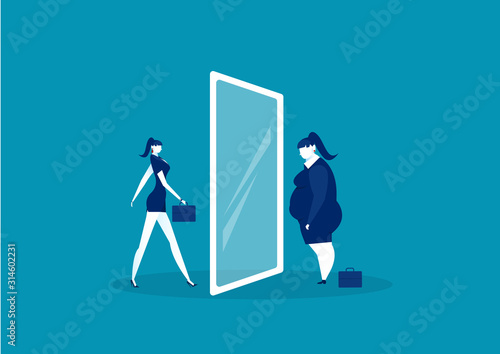 businesswoman looking at the mirror standing with fat belly. compare body thin vector photo