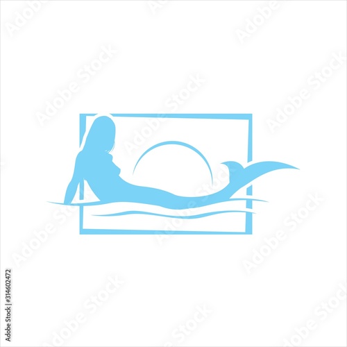 silhouette of sexy mermaid logo with tail on the beach pose background illustration